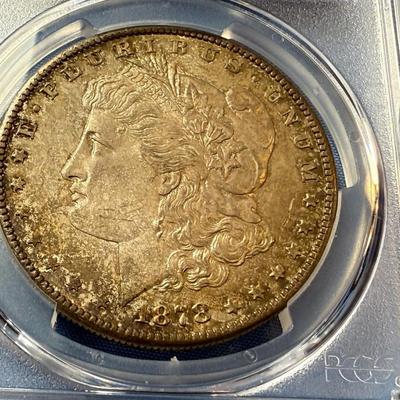 PCGS CERTIFIED 1878-S MS63 GRADED TONED MORGAN SILVER DOLLAR AS PICTURED. (COIN #8304).