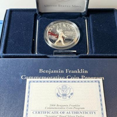2006 P Ben Franklin (Kite Flying) Proof Silver One Dollar Founding Father $1 Coin Box & COA as Pictured.
