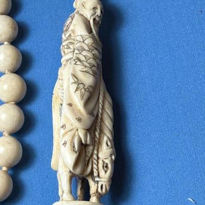 Scarce Asian 19th Century 36" Carved Bone Necklace and believed to be "Shou Lao God of Longevity" Netsuke Figure on a...