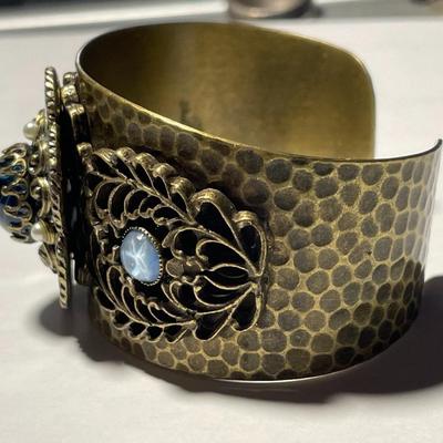 Vintage Preowned OLLIPOP Cuff Bracelet Hammered Brass Enameled w/Assorted Stones as Pictured. (Standard Size Wrist).