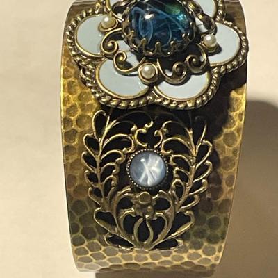 Vintage Preowned OLLIPOP Cuff Bracelet Hammered Brass Enameled w/Assorted Stones as Pictured. (Standard Size Wrist).