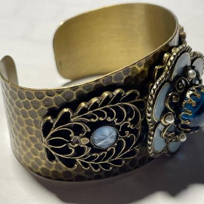 Vintage Preowned OLLIPOP Cuff Bracelet Hammered Brass Enameled w/Assorted Stones as Pictured. (Standard Size Wrist).