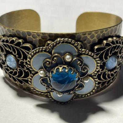 Vintage Preowned OLLIPOP Cuff Bracelet Hammered Brass Enameled w/Assorted Stones as Pictured. (Standard Size Wrist).