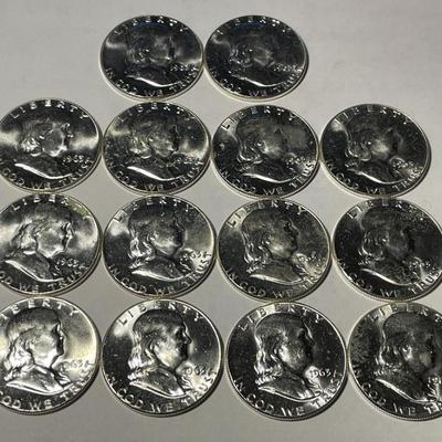LOT OF (14) 1963-P BRILLIANT UNCIRCULATED FRANKLIN SILVER HALF DOLLARS.