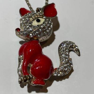 Vintage Rhinestone & Enamel Rudolph the Red Nose Reindeer Pendant 2.5" Tall on a 28" Fashion Chain in Good Preowned Condition.