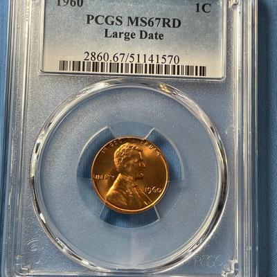 PCGS CERTIFIED 1960-P MS67 RED GRADED LARGE DATE LINCOLN CENT AS PICTURED.