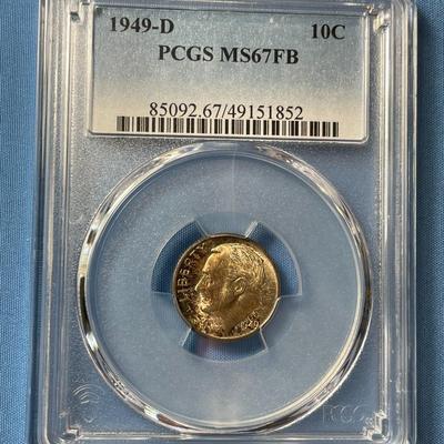 PCGS CERTIFIED 1949-D MS67 TONED FULL BANDS ROOSEVELT SILVER DIME AS PICTURED.