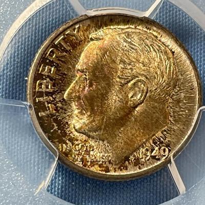 PCGS CERTIFIED 1949-D MS67 TONED FULL BANDS ROOSEVELT SILVER DIME AS PICTURED.