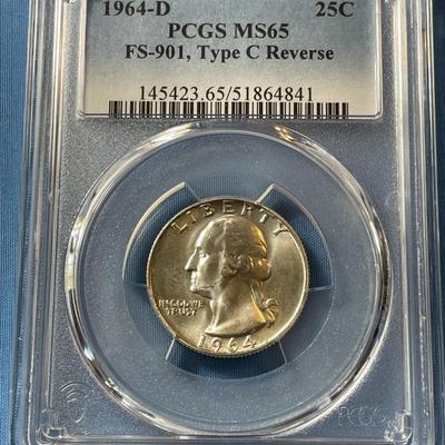 PCGS CERTIFIED RARE 1964-D MS65 FS-901 TYPE-C REVERSE WASHINGTON SILVER QUARTER AS PICTURED.