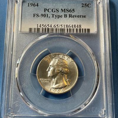 PCGS CERTIFIED 1964-P MS65 FS-901 TYPE-B REVERSE WASHINGTON SILVER QUARTER AS PICTURED.
