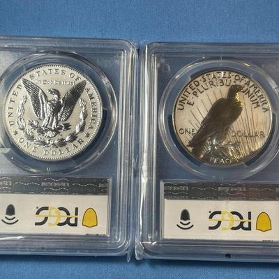 PCGS CERTIFIED SET OF 2023-S REVERSE PROOF70 FIRST DAY OF ISSUE MORGAN & PEACE SILVER DOLLARS AS PICTURED.