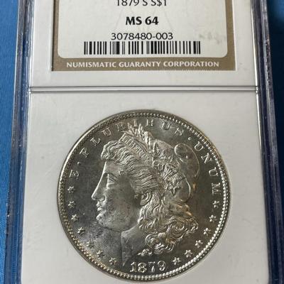 NGC CERTIFIED 1879-S MS64 SEMI-PL MORGAN SILVER DOLLAR AS PICTURED.