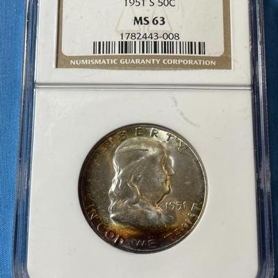 NGC CERTIFIED 1951-S MS63 GORGEOUS RIM TONED FRANKLIN SILVER HALF DOLLAR.
