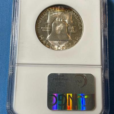 NGC CERTIFIED 1951-S MS63 GORGEOUS RIM TONED FRANKLIN SILVER HALF DOLLAR.