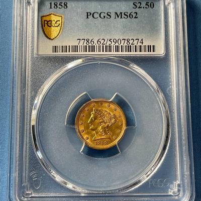 PCGS CERTIFIED VERY RARE 1858 MS62 WAY UNDERGRADED $2.50 LIBERTY GOLD COIN SIRVIVAL IS ESTIMATED AROUND 250 KNOWN PIECES. PROBLEM FREE COIN.