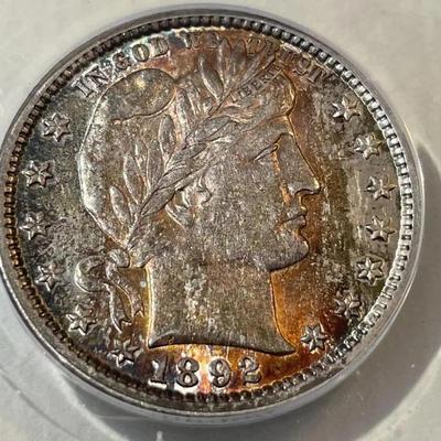 1892 AU58/UNCIRCULATED GORGEOUS TONED FIRST YEAR TYPE BARBER SILVER QUARTER AS PICTURED.
