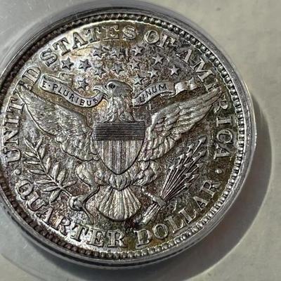 1892 AU58/UNCIRCULATED GORGEOUS TONED FIRST YEAR TYPE BARBER SILVER QUARTER AS PICTURED.