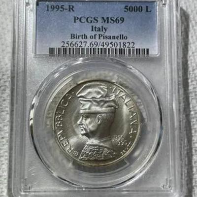 PCGS CERTIFIED ITALY 1995-R MS69 BIRTH OF PASANELLO 500 LIRE SILVER COMMEMORATIVE COIN. (POPULATION-1 NONE GRADED HIGHER).