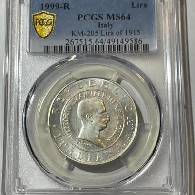PCGS CERTIFIED ITALY 1999-R MS64 KM-205 LIRA OF 1915 SILVER COIN AS PICTURED.