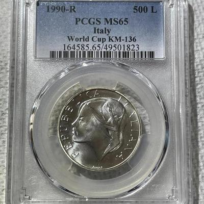 PCGS Certified ITALY 1990-R MS65 World Cup KM-136 500 Lire Silver Commemorative Coin.