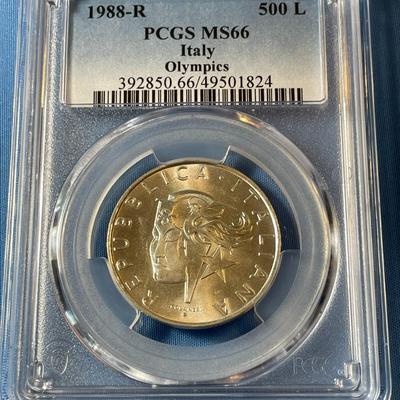 PCGS CERTIFIED ITALY 1988-R MS66 500-LIRE OLYMPICS SILVER COIN AS PICTURED.
