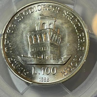 PCGS CERTIFIED ITALY 1988-R MS66 100-LIRE UNIVERSITY OF BOLOGNA SILVER COIN AS PICTURED.