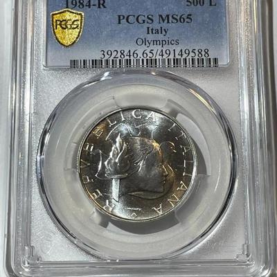 PCGS CERTIFIED ITALY 1984-R MS65 500 Lire Olympics Los Angeles Silver Coin KM-114 as Pictured.