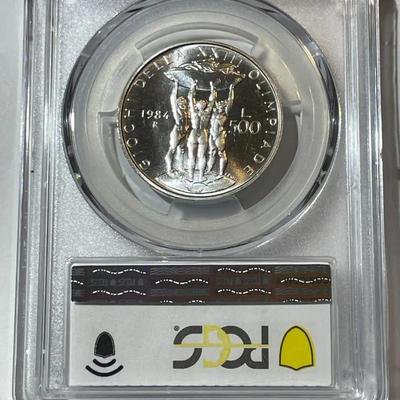 PCGS CERTIFIED ITALY 1984-R MS65 500 Lire Olympics Los Angeles Silver Coin KM-114 as Pictured.