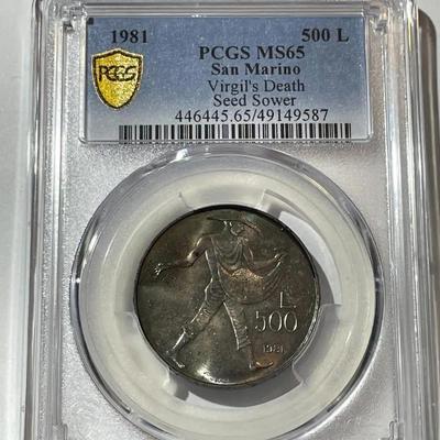 PCGS CERTIFIED San Marino MS65 500-Lire 1981 - Silver - "Virgil ' S Death" as Pictured.