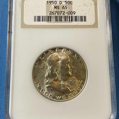 NGC CERTIFIED 1950-D MS65 FRANKLIN SILVER HALF DOLLAR AS PICTURED. (COIN #009).