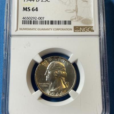NGC CERTIFIED 1944-D MS64 WASHINGTON SILVER QUARTER AS PICTURED. (COIN #007).