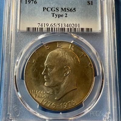 PCGS CERTIFIED 1976 TYPE-2 VARIETY MS65 EISENHOWER DOLLAR AS PICTURED. (COIN #201).