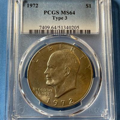 PCGS CERTIFIED 1972 TYPE-3 VARIETY MS64 EISENHOWER DOLLAR AS PICTURED. (COIN #205).