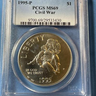 PCGS CERTIFIED CIVIL WAR 1995-P MS69 GRADED COMMEMORATIVE SILVER DOLLAR AS PICTURED. (COIN #3430).