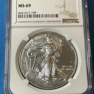NGC CERTIFIED 2015 MS69 GRADED SILVER EAGLE DOLLAR .999 SILVER AS PICTURED. (COIN #109).
