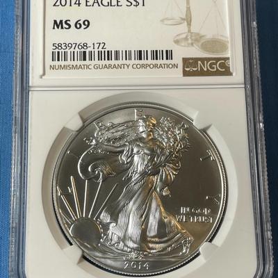 NGC CERTIFIED 2014 MS69 GRADED SILVER EAGLE DOLLAR .999 SILVER AS PICTURED. (COIN #172).