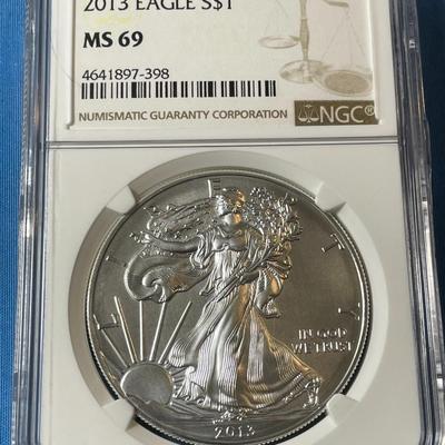 NGC CERTIFIED 2013 MS69 GRADED SILVER EAGLE DOLLAR .999 SILVER AS PICTURED. (COIN #398).