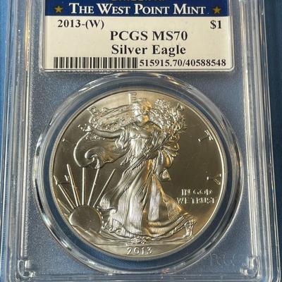PCGS CERTIFIED 2013-W MS70 GRADED SILVER EAGLE DOLLAR WEST POINT MINT EDITION .999 SILVER AS PICTURED. (COIN #548).
