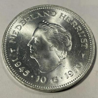 Netherlands 1970 Brilliant Uncirculated 10 Gulden Silver Coin KM#195 as Pictured.
