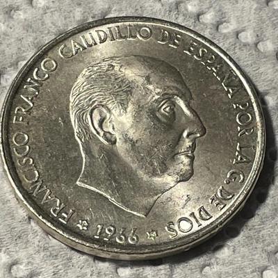 Spain First Year Issue (1966) BU Condition 100 Pesetas Large SILVER Coin Featuring General Bahamonde & Shield as Pic'd.