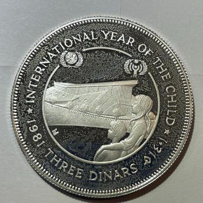 Scarce 1981 Jordan Proof Silver Coin 3 Dinars "Year of the Child" (1401 AH) King Hussein as Pictured.