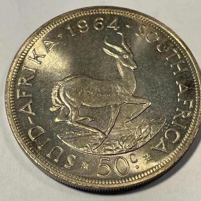South Africa 1964 Choice BU Golden Toned 50 Cents Silver Coin KM#62 as Pictured.