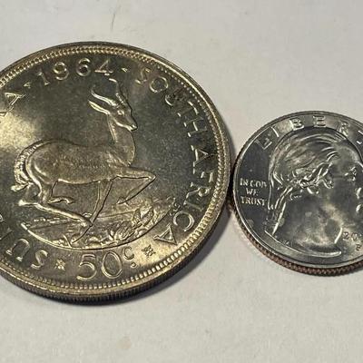 South Africa 1964 Choice BU Golden Toned 50 Cents Silver Coin KM#62 as Pictured.