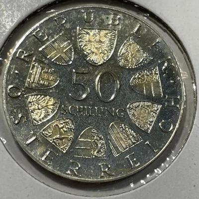 AUSTRIA 1973 PROOF 50 SCHILLING SILVER COIN KM#2916 AS PICTURED.