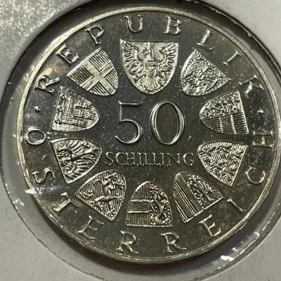 Austria 1970 Proof 50 Schilling Silver Coin KM#2909 as Pictured.