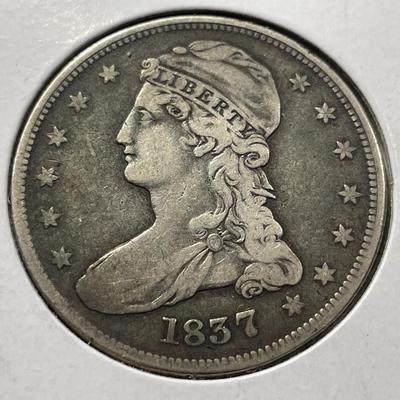 1837 Reeded Edge VF Condition Capped Bust Silver Half Dollar as Pictured.