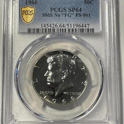 PCGS Rare Certified 1966 "No-Fg" Sp-64 SMS FS-901 Kennedy Silver Half Dollar as Pictured.