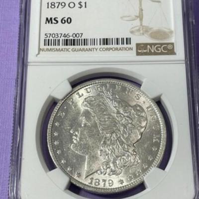 NGC CERTIFIED 1879-O MS60 WHITE MORGAN SILVER DOLLAR AS PICTURED. (Coin #007).