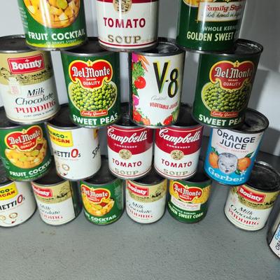 Lot of Vintage Play Food Sealed Empty Cans Campbells DelMonte , V-8 Juice, SpaghettiO's, Bounty Pudding