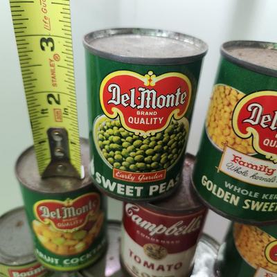 Lot of Vintage Play Food Sealed Empty Cans Campbells DelMonte , V-8 Juice, SpaghettiO's, Bounty Pudding